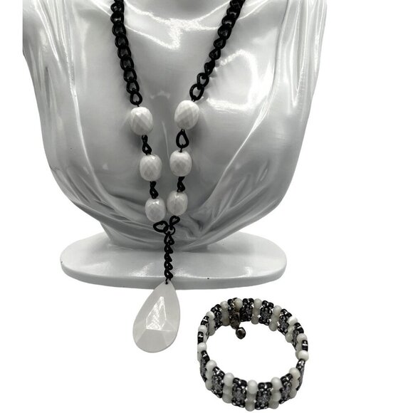 White Bead & Black Chain Necklace With Matching Bracelet Set  M02 - Picture 1 of 7
